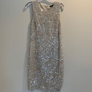 Cream colored lace party dress with paillettes